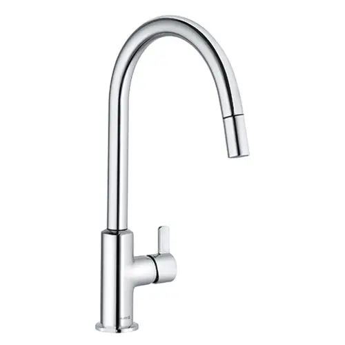 Moderne, verchromte Küchenarmatur mit hohem Schnabel, seitlichem Hebel für Temperaturregelung und einem schwenkbaren Auslauf.